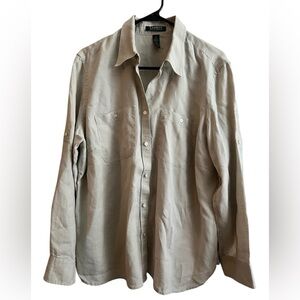 Lauren Ralph Lauren Button Down Women's Shirt Size 1X 100% Linen Tan Roll Tab